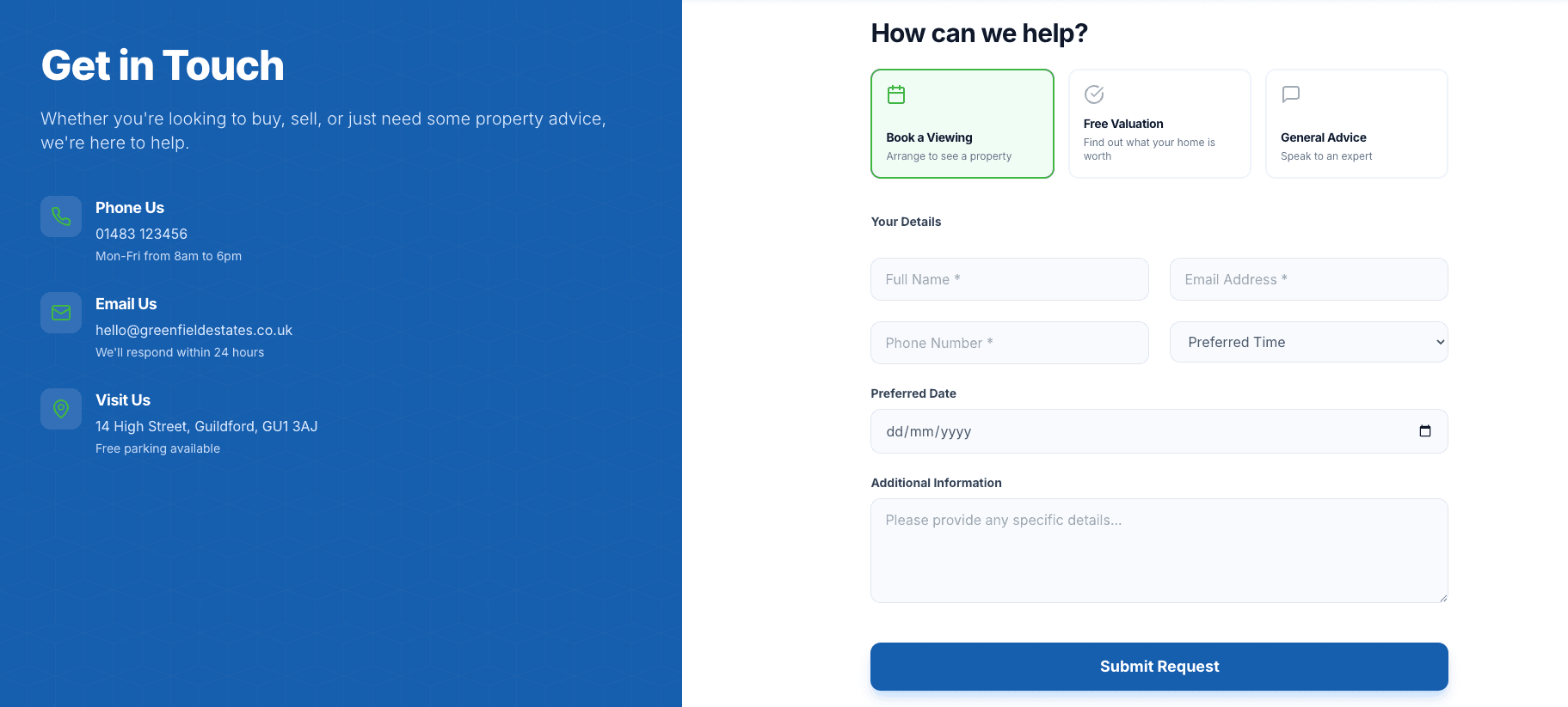 Greenfield Estates contact and enquiry form