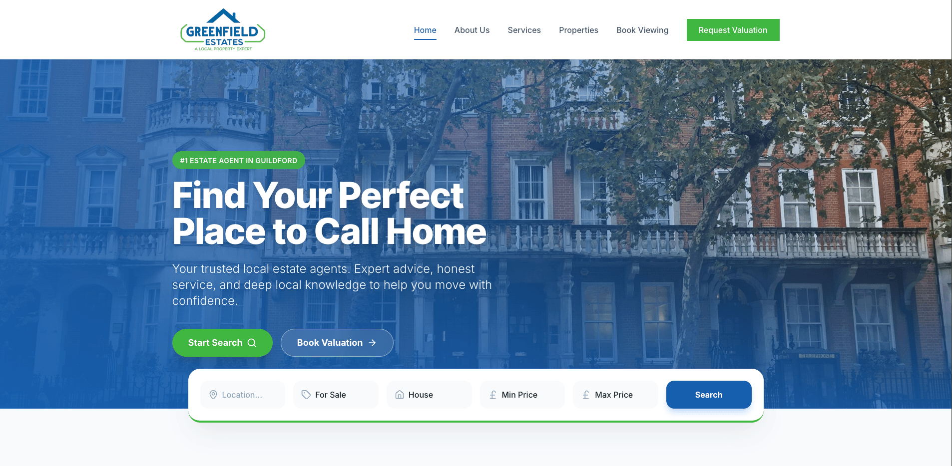 Greenfield Estates homepage with property search hero